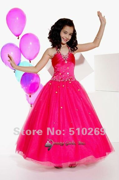 Free Shipping Hot-sale Little Princess Custom-made Sequined Halter Organza  Flower Girl Dress