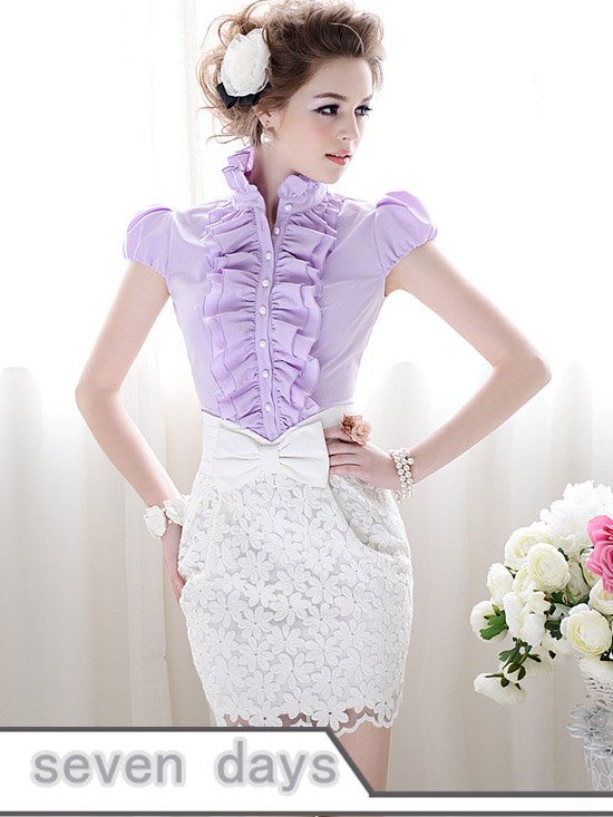 Free Shipping Hot Sale Lotus Edge Bubble Sleeve Standing Neck Blouse CL042320