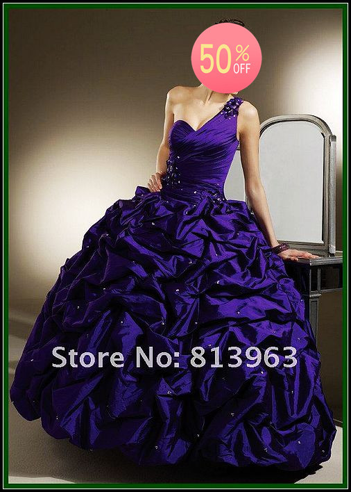 Free Shipping Hot Sale New Style 2013 Popular One-Shoulder A-Line Floor length Taffeta Beaded Sequins Purple Quinceanera Dress