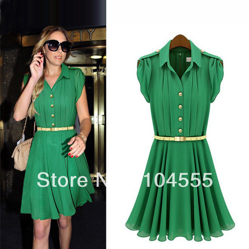 Free Shipping Hot Sale NEW Turndown Collar Single-breasted Dropped Waist One-piece Dress