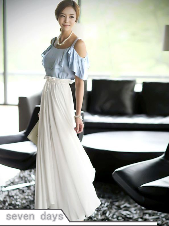 Free Shipping Hot Sale Off-shoulder High-waist Patchwork Ruffes Maxi Chiffon Dress ZL112814