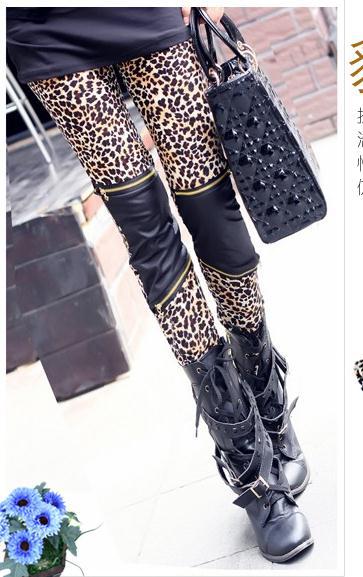 Free shipping Hot Sale Sexy Fashion Imitation Leather Patchwork Zipper Leopard Leggings   Styles Women's Clothes