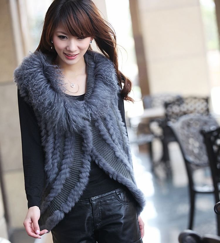 Free Shipping Hot Sale Woman Knitted Rabbit Fur Vest With Mongolian Lamb Fur Collar Gilet/waistcoat/Jacket  Retail/wholesale/OEM