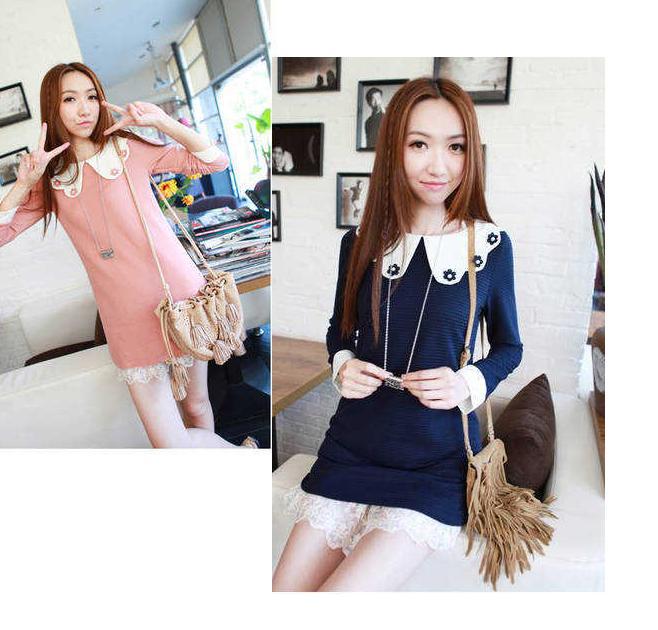 Free shipping hot sale Women's 2012 new autumn Fashion falbala lapel small pearl flower butterfly lady dress s1014
