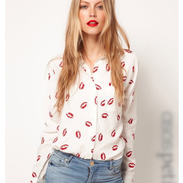 Free shipping  HOT SALE! Women's Fashion Hot Red Lips Casual long sleeves Shirts Size S M L