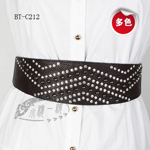 Free shipping Hot-sale Women Snap Button Rhinestone Stud Leather Wide Elastic Stretch Belt Fashion Belts aBT-C212a
