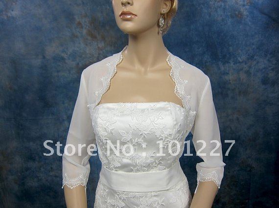 Free Shipping Hot Sales Three Quarter Length Sleeves Chiffon Lace Appliqued Wedding Dress Bridal Jacket JD259