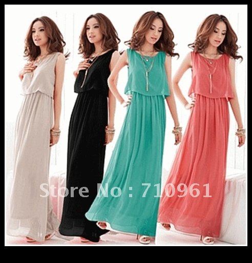 Free shipping Hot Sell 2012 New Women Bohenmia Pleated Wave Lace Strap Princess Chiffon long Maxi dress Four Colors