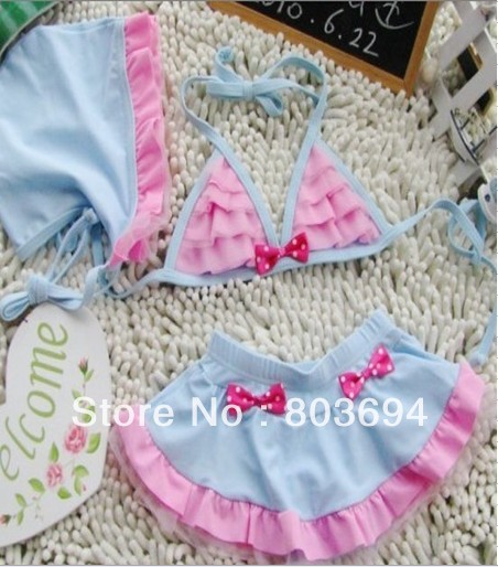 free shipping,hot sell baby swimwear+hat skirt design girl's  swimsuit,with bow-knot ,summer kid bikini, 5set/lot  201319