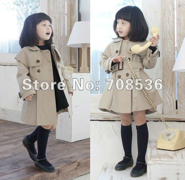 Free shipping Hot sell  Top quality Fashion khaki  girls trench coat  Children outerwear / long coat / dress for kids