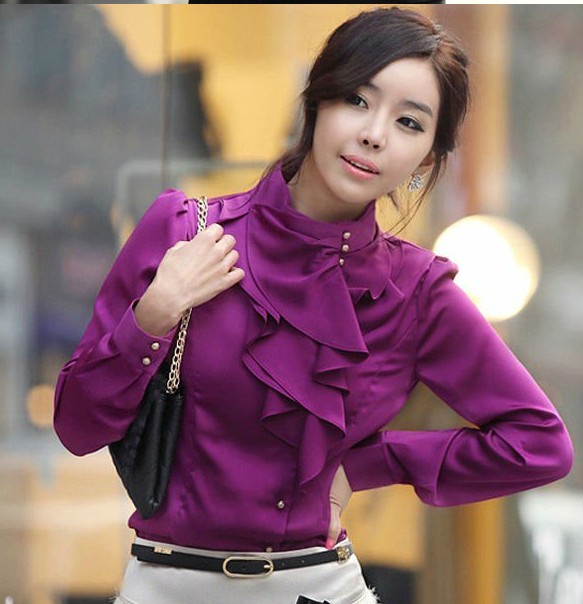 Free Shipping,Hot sell Wholesale crepe shirt / women's shirt/ lady's shirt Blouse 5colors white, purple,Blue,khaki,Wine