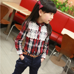 Free shipping Hot-selling 2013 spring and autumn fashion female child decoration lace long-sleeve plaid shirt all-match shirt
