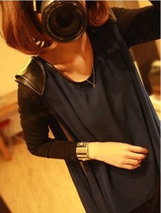 Free Shipping Hot Selling 2013 women's spring leather shoulder pads chiffon t shirt basic t41