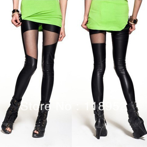 free shipping  hot-selling faux leather transparent gauze legging Women's sexy black pu net irregular patchwork tight pants
