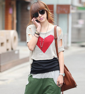 Free Shipping Hot-selling hole cutout love hearts knitted all-match sweater shirt 3404 MY