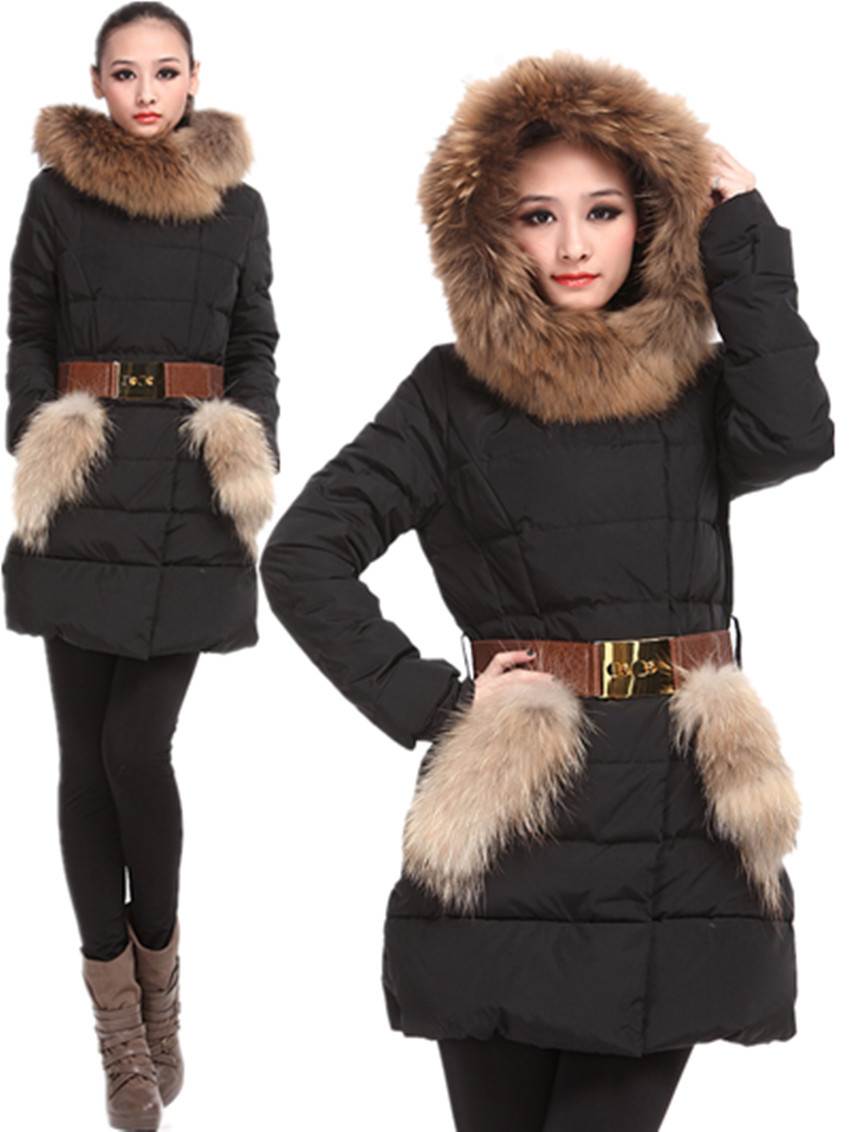 Free Shipping! Hot-selling Meri Merimo Female Medium-Long Large Raccoon Fur Down Coat Black