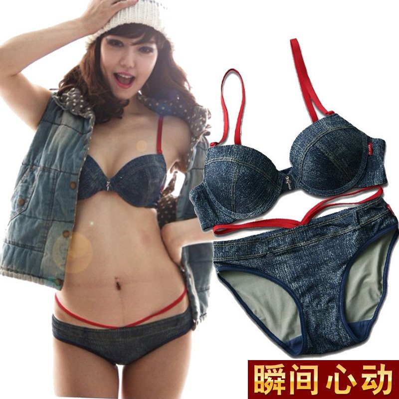 Free shipping, Hot-selling personalized bra Dark Blue denim underwear bra set casual push up sexy deep V-neck Women