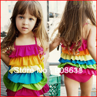 Free Shipping Hot-Selling Rainbow Child Swimwear One-piece Dress Swimwear Girl Bikini Swimwear + swim cap