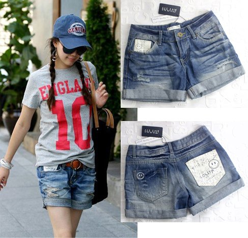 Free Shipping Hot selling  Smiley pattern wearing white roll-up hem hole denim short jeans for ladies, hot pants MY9866SK