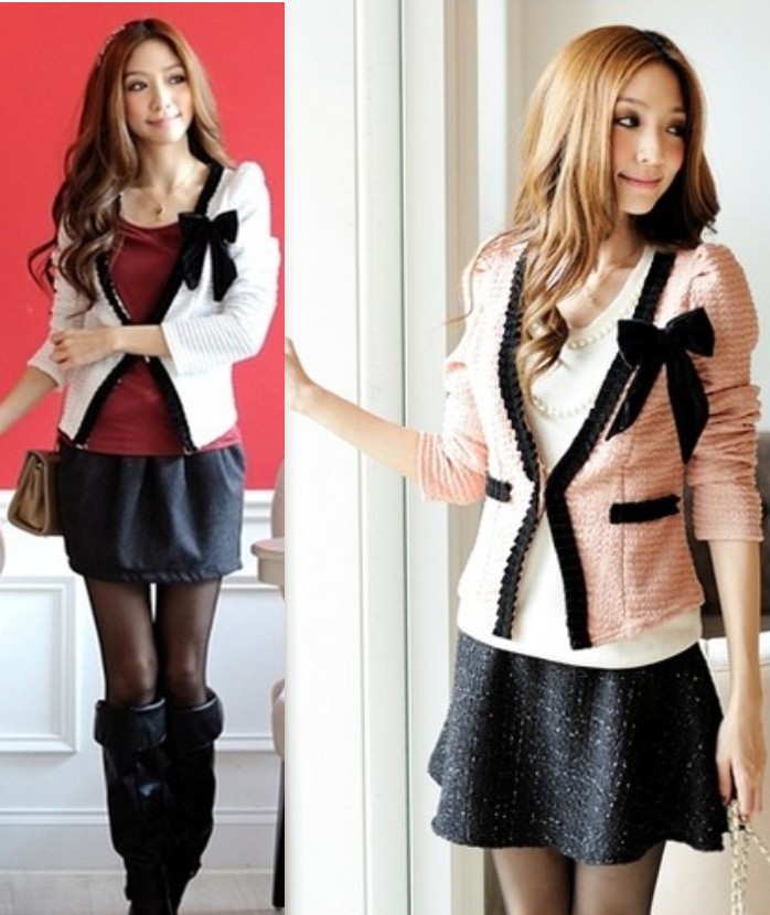 Free shipping Hot-selling spring women's popular 2013 V-neck colorant match border color block bow slim short jacket