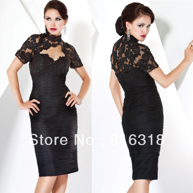 Free Shipping Hot Selling Sweetheart Knee Length Pleated Lace with Jacket Black Chiffon Evening Dress Mother Dress KV-0019