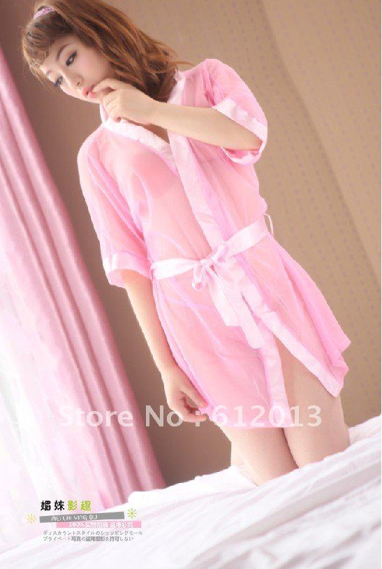 Free Shipping Hot Selling Wholesale Sexy Lingerie/Underwear Mesh Kimono Costume With Satin Trim+Bow Belt+G-string