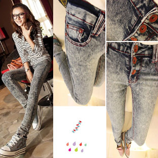 free shipping Hot-selling women's slim vintage water wash high waist buckle light color pencil jeans