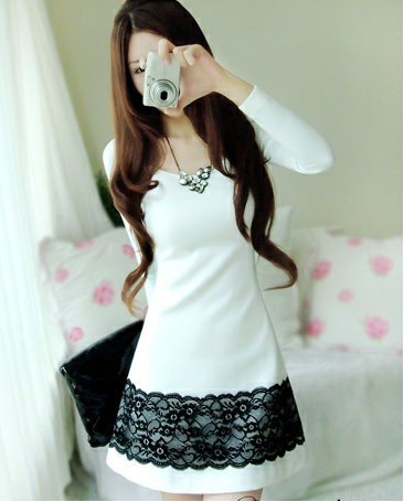 Free Shipping Hot Women's Spring Fashion Long Sleeve Round Neck Lace Cotton White Dress Retail & wholesale