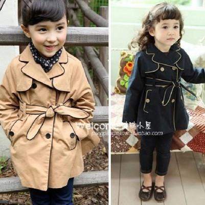 Free Shipping hotsale children Children's clothing evidenced slim double breasted belt female child trench outerwear