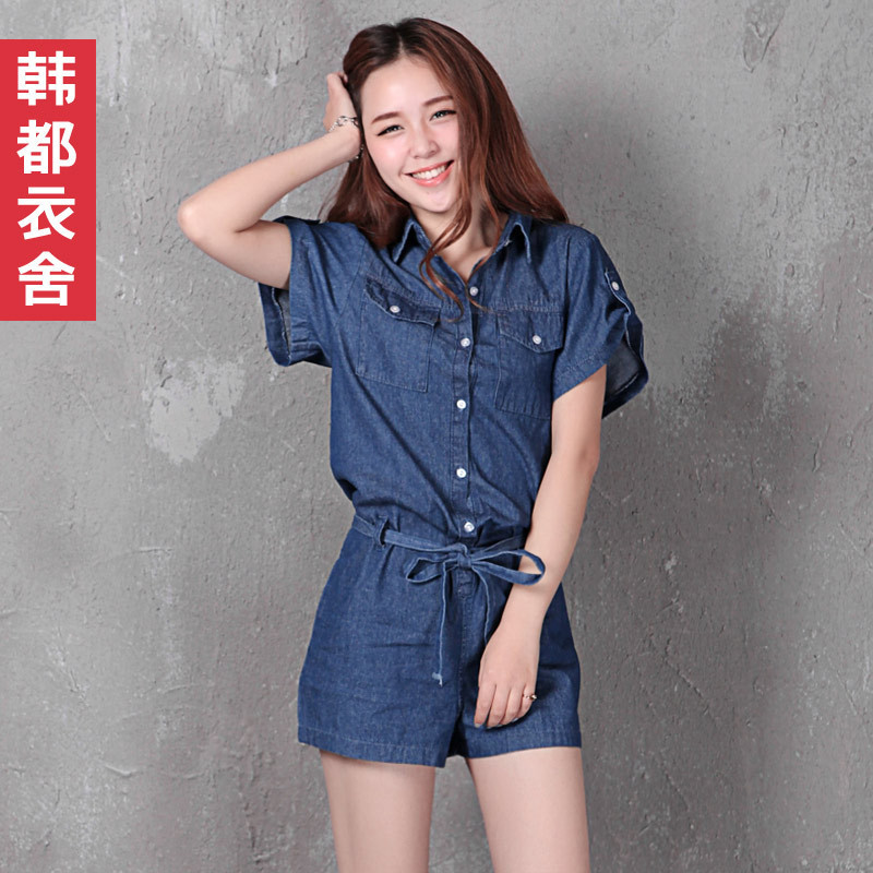 Free shipping HSTYLE 2012 summer women's solid color denim shorts jumpsuit ej0857