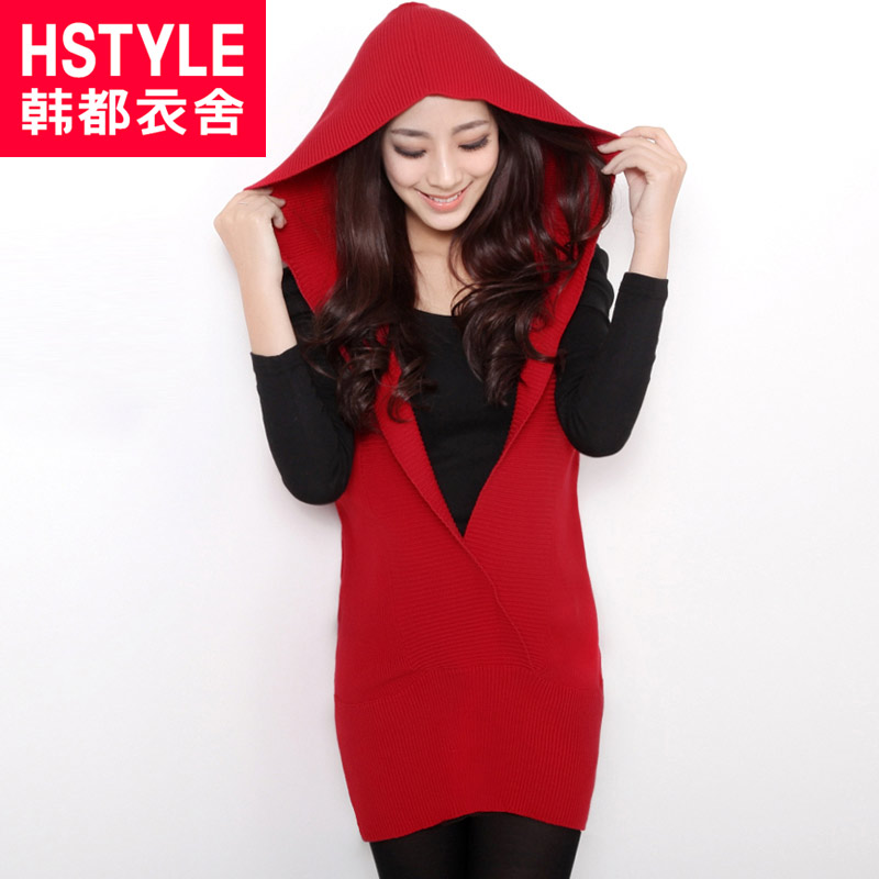 free shipping HSTYLE 2013 spring female with a hood solid color medium-long pullover sweater female du0677 chokecherry