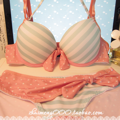 Free shipping Ice cream orange halter-neck navy stripe 100% cotton bra underwear set