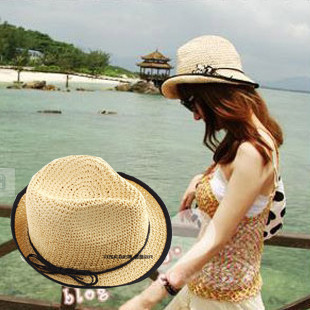 free shipping Icycolor hat female summer women's sunbonnet hat black border cutout bow strawhat