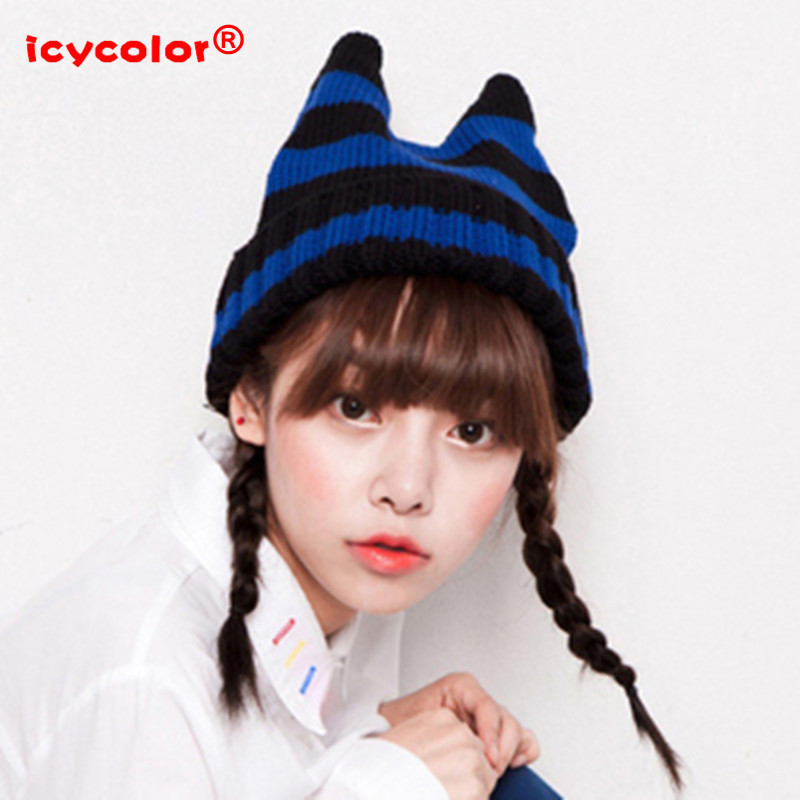 free shipping, Icycolor stripe devil horn hat, female autumn and winter horn knitted hat, cat ears winter knitted hat,