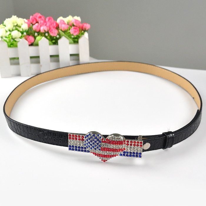 Free Shipping Imitation Blue White Red Diamond Heart Belt Women's Fashion Pu Leather Belts Black