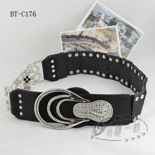 Free shipping imported high-quality Women Rhinestone Stud Leather Wide Stretch Elastic Waist Belt Cinch Belts wBT-C176w