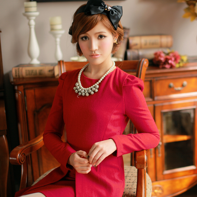 Free shipping+ Imugirls youoccasionally leather decoration slim woolen winter one-piece dress 4079 sistance
