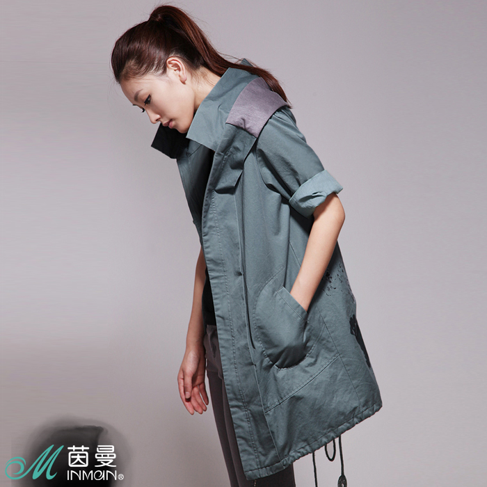 Free Shipping INMAN 2013 spring women's 100% cotton with a hood trench outerwear female slim long design LDX