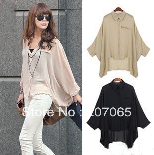 FREE SHIPPING irregular plus size batwing sleeve sunscreen chiffon shirt,women blouses  3 colour