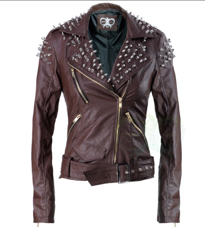 Free Shipping Italy Famous brand star THOOO Western style TOP PU women rivet motorbike leather 003 jacket slim jacket SizeS-XXXL