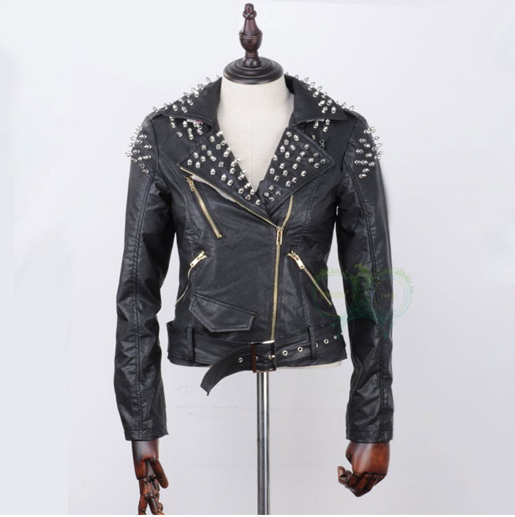 Free Shipping Italy Famous brand star THOOO  Western style TOP PU women rivet motorbike leather jacket slim jacket S-XXXL Black