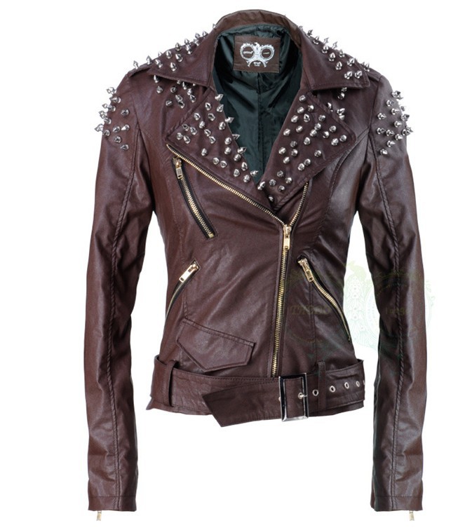 Free Shipping Italy Famous brand star THOOO  Western style TOP PU women rivet motorbike leather jacket slim jacket S-XXXL Brown