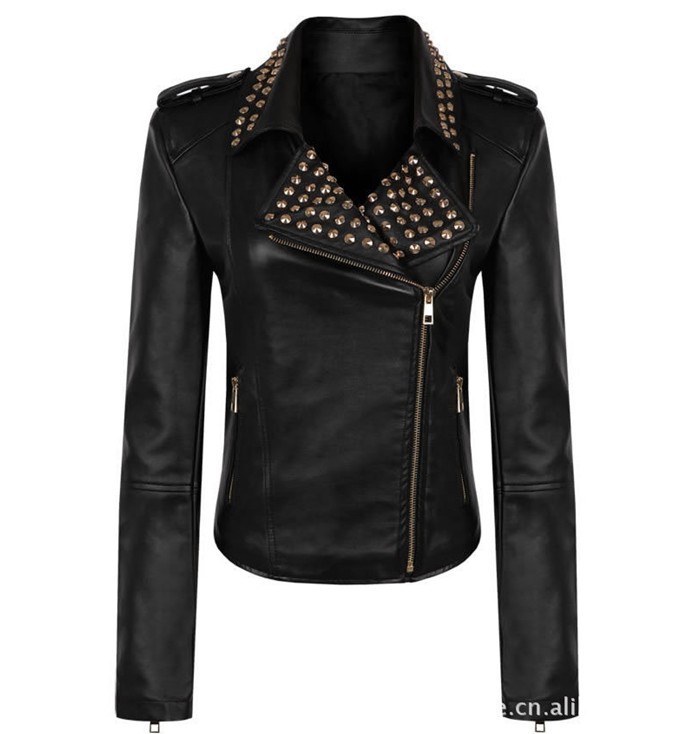 Free Shipping Italy Famous brand star Western style TOP PU women rivet inclined zipper motorbike leather jacket S-XXXL black