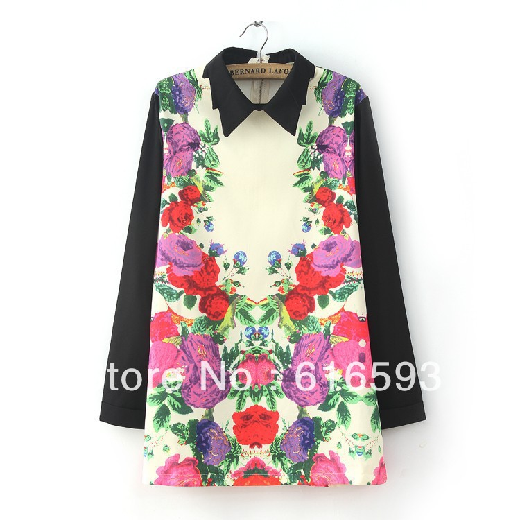 Free Shipping J199 Cute 2013 Spring Zipper Back Triangle Peter Pan Collar Colorful Totem Flower Printing Middle Blouse