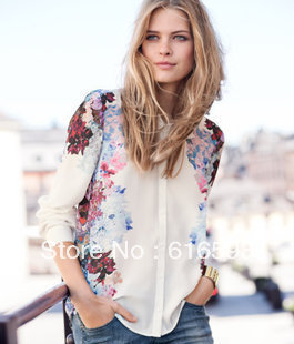 Free Shipping J218 Elegant 2013 Spring New Arrival Sweet Chinese Water Painting Flower Printing Sleeves Chiffon Blouse White