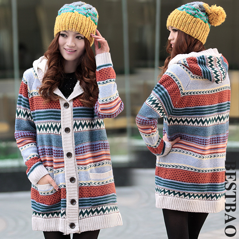 free shipping Jacquard sweater outerwear with a hood single breasted plus velvet thickening bestbao female 9075