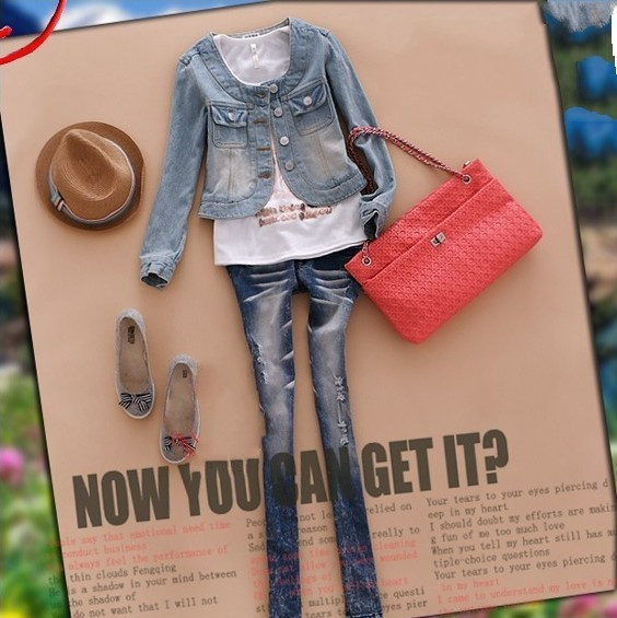 Free Shipping Japan o-neck long-sleeve denim outerwear 961