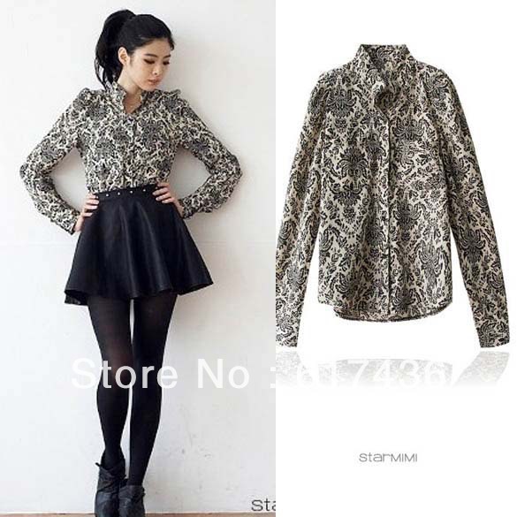 Free shipping Japanese Korean women's fashion casual retro pattern small collar long-sleeved shirt W21719