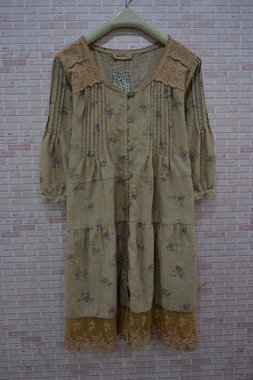 free shipping!japanese new arrival women cotton dress with lace,half sleeve ladies roman print dress