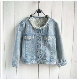 Free shipping  japanese style  female lace pearl o-neck rhinestones half sleeve denim slimjackets ladies slim short outcoat